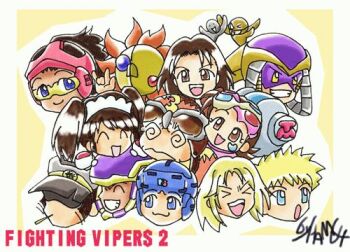 &gt;_&lt; 2001 4girls 6+boys @_@ ^_^ bahn big_mahler_(fighting_vipers) blonde_hair blue_eyes brown_eyes brown_hair charlie_(fighting_vipers) chibi chibi_only closed_eyes covered_face covered_mouth dark-skinned_female dark-skinned_male dark_skin del_sol devil_horns_(gesture) dot_eyes emi_(fighting_vipers) english_text everyone fighting_vipers fighting_vipers_2 floating_head glasses goggles goggles_on_head grace_(fighting_vipers) grin hat headgear helmet hidden_eyes honey_(fighting_vipers) ishiyama_hamuchi jane_(fighting_vipers) kuhn_(fighting_vipers) long_hair mahler_(fighting_vipers) mask mask_on_head multiple_boys multiple_girls open_mouth picky_(fighting_vipers) raxel_(fighting_vipers) sanman_(fighting_vipers) sega short_hair sideburns signature simple_background smile sticker sticker_on_face tokio_(fighting_vipers) toothpick