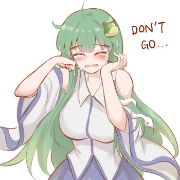 1girl bare_shoulders blue_skirt blush breasts closed_eyes commentary crying detached_sleeves edz_drawz english_commentary english_text frog_hair_ornament green_hair hair_ornament highres kochiya_sanae large_breasts long_hair open_mouth shirt simple_background skirt snake_hair_ornament solo touhou upper_body white_background white_shirt wide_sleeves