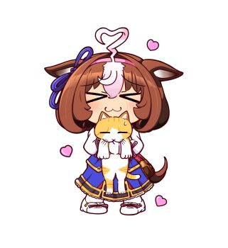 &gt;_&lt; 1girl ahoge animal animal_ears bag blue_dress blush bow brown_hair cat closed_eyes closed_mouth commentary_request double-parted_bangs dress ear_ribbon gloves hair_between_eyes hairband headband heart highres holding holding_animal holding_cat horse_ears horse_girl horse_tail kyuusennbougin long_sleeves medium_hair meisho_doto_(turbulent_blue)_(umamusume) meisho_doto_(umamusume) meto_(cat) multicolored_hair pantyhose pink_hairband pink_headband short_hair shoulder_bag simple_background smile sweatdrop tail two-tone_hair umamusume white_background white_dress white_gloves white_hair white_pantyhose