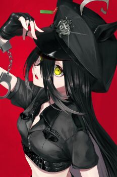 Rule 34 | 1girl, absurdres, ahoge, amasa (ama sa3), animal ears, black gloves, black hair, black shirt, breasts, commentary request, cropped shirt, cuffs, ear tag, earrings, ears through headwear, fingerless gloves, gloves, hair between eyes, hair through headwear, handcuffs, hat, highres, holding, holding handcuffs, horse ears, horse girl, jewelry, long bangs, long hair, long hair between eyes, manhattan cafe (umamusume), multicolored hair, police, police hat, police uniform, policewoman, shirt, short sleeves, single earring, small breasts, solo, umamusume, upper body, very long hair, white hair, yellow eyes