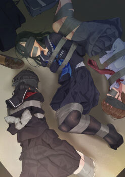 3girls absurdres bag bdsm black_hair black_pantyhose black_sailor_collar black_serafuku black_shirt black_skirt blindfold blue_bag blue_neckerchief blue_serafuku blue_skirt bondage bound brown_hair collarbone collared_shirt commentary_request dress_shirt earplugs gag grey_skirt highres hostage improvised_gag loafers long_hair long_sleeves lying multiple_girls neckerchief necktie original pantyhose pleated_skirt po-i-mu red_neckerchief red_necktie restrained sailor_collar school_bag school_uniform serafuku shirt shoes short_hair skirt tape tape_bondage tape_gag unworn_footwear variant_set white_shirt