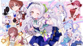 6+girls ;q amane_kanata amane_kanata_(1st_costume) arched_bangs black_hairband blue_bow blue_corset blue_skirt blush bow bowtie collared_shirt cone_hair_bun copyright_notice corset frilled_skirt frills gawr_gura gawr_gura_(1st_costume) gold_trim grey_hair hair_bun hairband hand_up hat hexagram_hair_ornament highres hololive hololive_english hololive_idol_uniform_(bright) hololive_indonesia houshou_marine houshou_marine_(1st_costume) idol_clothes inugami_korone inugami_korone_(1st_costume) jacket kobo_kanaeru kobo_kanaeru_(1st_costume) layered_skirt long_hair looking_at_viewer mini_hat mini_top_hat multiple_girls murasaki_shion official_alternate_costume official_art one_eye_closed puffy_short_sleeves puffy_sleeves sakamata_chloe sakamata_chloe_(1st_costume) sash satoupote shirt short-sleeved_jacket short_eyebrows short_sleeves side_up_bun sidelocks single_side_bun skirt smile solo_focus tilted_headwear tongue tongue_out top_hat underbust usada_pekora usada_pekora_(1st_costume) v v-shaped_eyebrows virtual_youtuber waist_bow white_hat white_jacket white_shirt yellow_eyes