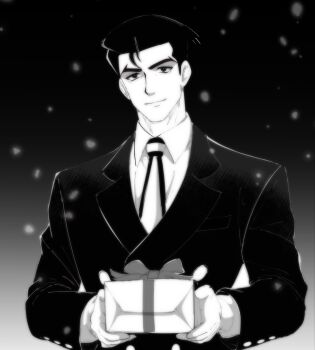 1boy box closed_mouth collared_shirt commentary english_commentary gift gift_box greyscale highres holding holding_gift jacket long_sleeves looking_at_viewer male_focus mature_male megadeus_mommy monochrome necktie roger_smith shirt short_hair sideburns smile solo striped_clothes the_big_o upper_body vertical-striped_clothes vertical-striped_necktie