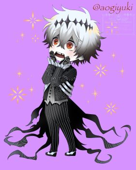 1boy aogiyuki bishounen black_crown blue_eyes crown diamond_hairband formal_clothes gloves highres long_sleeves looking_at_viewer male_focus pinstripe_pattern pinstripe_suit pinstripe_vest round_eyewear short_hair skeleton_print skully_j._graves smile solo striped_clothes suit the_nightmare_before_christmas twisted_wonderland vest white_hair