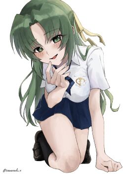 1girl absurdres all_fours artist_name blue_skirt blush breasts chinese_commentary commentary_request curtained_hair full_body green_eyes green_hair hair_intakes highres higurashi_no_naku_koro_ni large_breasts long_hair looking_at_viewer open_mouth ramoredo shirt simple_background skirt smile solo sonozaki_shion twitter_username very_long_hair white_background white_shirt