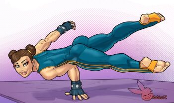 1girl artist_logo artist_name ass blue_bodysuit blue_gloves bodysuit brown_eyes brown_hair capcom chun-li double_bun fingerless_gloves gloves hair_bun logo looking_at_viewer rabies-t-lagomorph sleeveless sleeveless_bodysuit solo stirrup_legwear street_fighter street_fighter_zero_(series) toeless_legwear