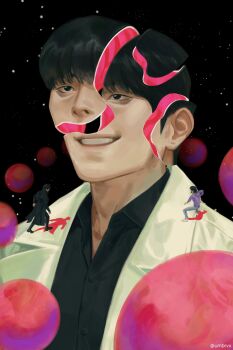 1boy absurdres black_eyes black_hair broken_skull full_body grin han_sooyoung highres kim_dokja mini_person miniboy minigirl omniscient_reader&#039;s_viewpoint on_shoulder parody short_hair size_difference sky smile space star_(sky) starry_sky surreal umbrvx yoo_joonghyuk