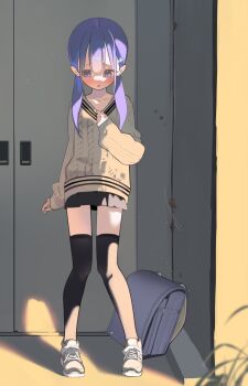 1girl backpack bag black_skirt black_thighhighs brown_sweater commentary_request full_body hayakawa_sena_(pei_iriya) highres long_hair long_sleeves miniskirt open_mouth original pei_iriya pleated_skirt purple_bag purple_eyes purple_hair randoseru shoes skirt solo standing sweater thighhighs twintails v-neck white_shoes