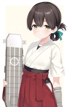 Rule 34 | 1girl, black hair, blue ribbon, brown eyes, dougi, flight deck, folded ponytail, gloves, hair ribbon, hakama, hakama skirt, highres, japanese clothes, kantai collection, kasuga maru (kancolle), long hair, looking at viewer, partially fingerless gloves, partly fingerless gloves, red hakama, red skirt, ribbon, short sleeves, simple background, single glove, skirt, smile, solo, taiyou (kancolle), toketa-sekai, white background, yugake