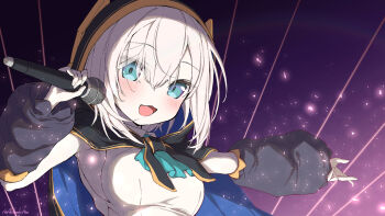 1girl :d aqua_ascot ars_almal ars_almal_(1st_costume) ascot black_cape black_sleeves blue_ascot blue_eyes blush breasts cape grey_hair hair_between_eyes hair_ornament highres holding holding_microphone hood hood_up hooded_cape large_breasts long_sleeves looking_at_viewer microphone music nijisanji open_mouth outstretched_arms puffy_long_sleeves puffy_sleeves shirt short_hair simple_background singing sleeveless smile solo sparkle tatami_kami upper_body virtual_youtuber white_hair white_shirt
