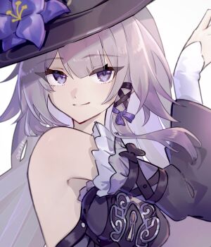 1girl black_dress black_hat detached_sleeves dress flower hat hat_flower herta_(honkai:_star_rail) highres honkai:_star_rail honkai_(series) official_alternate_design purple_eyes purple_flower smile solo suwa_(swk_kkk) the_herta_(honkai:_star_rail) upper_body witch_hat