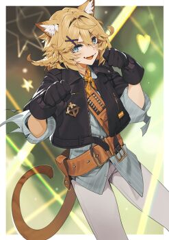 1girl animal_ears aqua_eyes aqua_shirt belt black_gloves black_jacket blonde_hair cat_ears cat_tail commentary cowboy_shot dokibird dokibird_(bounty_hunter) english_commentary fangs gloves hair_ornament hairclip handgun_cartridge heart indie_virtual_youtuber jacket kamameshi_gougoumaru looking_at_viewer medium_hair necktie open_clothes open_jacket orange_necktie pants paw_pose shirt smile solo star_(symbol) tail untucked_shirt virtual_youtuber white_pants