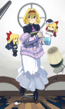 1girl alice_margatroid black_collar black_shirt black_shoes blonde_hair blue_eyes boa_(brianoa) book book_stack bow buttons chibi closed_eyes closed_mouth collar collared_shirt commentary cup english_commentary floating floor hairband hat highres holding holding_book holding_cup holding_lantern lamp lantern layered_clothes layered_sleeves long_skirt mug necktie nightcap pillow pink_necktie pink_sweater red_bow red_hairband ribbed_sweater shanghai_doll shirt shoes short_hair skirt sleepy steam sweater touhou twitter_username white_skirt