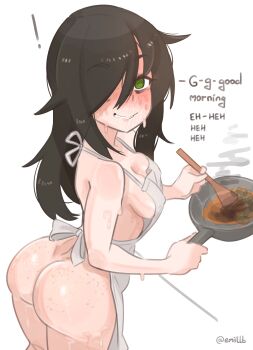 Rule 34 | 1girl, absurdres, apron, ass, bags under eyes, bare shoulders, black hair, breasts, clenched teeth, cooking, covering nipples, covering privates, emiillb, english text, freckles, green eyes, hair over one eye, highres, holding, holding pan, holding spoon, kuroki tomoko, looking at viewer, medium breasts, medium hair, messy hair, nude, sideboob, sidelocks, solo, spoon, sweat, sweatdrop, talking, teeth, twitter username, watashi ga motenai no wa dou kangaetemo omaera ga warui!, wavy mouth, white apron, white background