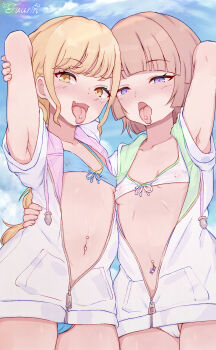 2girls arimura_mao armpits arms_behind_head arms_up bikini blonde_hair blue_panties blush breasts brown_hair cameltoe cloud cloudy_sky fang from_below fujita_kotone highres hood hoodie idolmaster loli long_hair looking_at_viewer mesugaki multiple_girls naughty_face navel_piercing open_mouth panties partially_unzipped piercing presenting_armpit purple_eyes shinonome_fuurin short_hair skin_fang sky small_breasts swimsuit swimsuit_under_clothes tongue tongue_out tongue_piercing underwear unzipped yellow_eyes