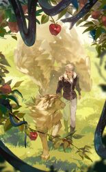 Rule 34 | 1boy, animal, apple, arms at sides, black jacket, boots, branch, day, dungeon meshi, feathered wings, food, from above, fruit, fruit tree, fur trim, grass, grey hair, highres, jacket, knee boots, laios touden, lion, long sleeves, looking at another, looking to the side, male focus, nature, official alternate costume, open mouth, pants, short hair, smile, snake, tetsuuut, tree, walking, white pants, winged animal, winged lion (dungeon meshi), wings, yellow wings