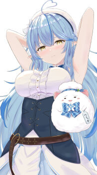 1girl absurdres ahoge bare_shoulders blue_coat blue_hair blush boots braid breasts camisole cleavage cleavage_cutout closed_mouth clothing_cutout coat colored_tips commentary_request corset elf flower frilled_skirt frills fur_trim hair_between_eyes hair_flower hair_ornament hat heart heart_ahoge highres hololive large_breasts long_hair long_sleeves looking_at_viewer multicolored_hair off_shoulder pointy_ears ribbon side_braid skirt snowflake_print solo user_hzvh8752 very_long_hair virtual_youtuber white_flower white_hat yellow_eyes yukihana_lamy yukihana_lamy_(1st_costume) yukimin_(yukihana_lamy)