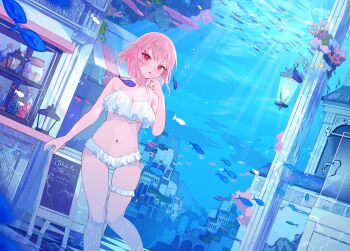 1girl absurdres arm_at_side bikini breasts building caustics city cleavage column commentary_request coral double-parted_bangs feet_out_of_frame frilled_bikini frilled_thigh_strap frills glass_jar hand_up highres lantern large_breasts light_rays navel ocean original pillar pink_hair red_eyes school_of_fish short_eyebrows short_hair sign simple_fish solo stomach swimsuit tamagonezu thigh_strap underwater underwater_city white_bikini