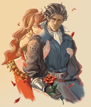 1boy 1girl belt black_hair brown_hair closed_eyes closed_mouth commentary_request crying falling_petals flower high_ponytail holding holding_flower hug hug_from_behind mature_male octopath_traveler octopath_traveler_i olberic_eisenberg petals ponytail primrose_azelhart red_flower red_petals red_rose regan_(hatsumi) rose scar scar_on_face smile streaming_tears tears