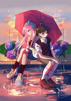 1boy 1girl absurdres alternate_sleeve_length antenna_hair aubrey_(faraway)_(omori) aubrey_(omori) black_eyes black_hair black_shoes black_socks black_sweater_vest blue_eyes blue_hairband blue_skirt blush brown_shorts closed_mouth collarbone collared_shirt commentary_request crossed_legs day denim denim_skirt flower grey_eyes hairband heterochromia highres holding holding_umbrella hydrangea jacket loafers long_hair long_sidelocks long_sleeves momo_inaz omori open_clothes open_jacket outdoors pink_hair power_lines rain shared_umbrella shirt shoes short_hair short_sleeves shorts sidelocks sitting skirt sneakers socks spoilers sunny_(omori) sweatdrop sweater_vest umbrella white_jacket white_shirt white_socks