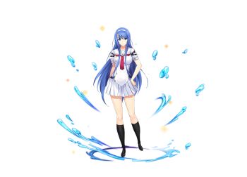 Rule 34 | 1girl, black socks, blue eyes, blue hair, breasts, choukou (alicesoft), choukou shinki ixseal, ellis xillia, full body, hairband, hand on own hip, kneehighs, long hair, looking at viewer, mole, necktie, official art, onigirikun, otogi frontier, pleated skirt, school uniform, second-party source, short sleeves, skirt, smile, socks, solo, standing, tachi-e, transparent background, variant set, very long hair, water, white hairband, white skirt