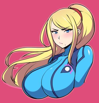1girl :/ armpit_crease arms_at_sides blonde_hair blue_bodysuit blue_eyes blush bodysuit breasts closed_mouth collarbone cropped_arms female_focus hair_tie high_ponytail highres huge_breasts impossible_bodysuit impossible_clothes jam-orbital lips long_hair looking_at_viewer magenta_background metroid metroid:_other_m mole mole_under_mouth nintendo outline pink_lips pink_outline ponytail samus_aran shiny_clothes sidelocks simple_background skin_tight solo swept_bangs upper_body v-shaped_eyebrows zero_suit