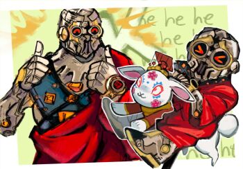 Rule 34 | > <, 1boy, armor, cerealazucarado, chibi, chibi inset, closed eyes, commentary, double thumbs up, english commentary, full armor, k (kyokugen dasshutsu), kyokugen dasshutsu, kyokugen dasshutsu adv: zennin shibou desu, laughing, male focus, multiple views, outline, red robe, riding, robe, scene reference, thumbs up, watch, white outline, wristwatch, zero iii