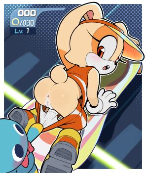 1girl absurdres all_fours animal_ears anus ass chao_(sonic) cheese_(sonic) cleft_of_venus clothes_pull cream_the_rabbit furry furry_female gato_del_futuro highres loli lop_rabbit_ears orange_shirt orange_shorts pulling_another&#039;s_clothes pussy rabbit_ears rabbit_girl rabbit_tail shirt shorts shorts_pull sonic_(series) sonic_racing:_crossworlds tail uncensored