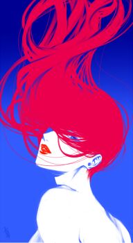 1girl artist_name back bare_shoulders blue_background blue_eyes breasts floating_hair hair_floating_upwards kirijou_mitsuru lips long_hair looking_at_viewer nude persona persona_3 persona_4 persona_4:_the_ultimate_in_mayonaka_arena persona_4:_the_ultimax_ultra_suplex_hold red_hair saitou_rokuro simple_background very_long_hair