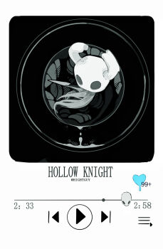 1other artist_name chinese_commentary commentary_request copyright_name film_grain from_above full_body grey_cloak halftone halftone_background heart highres hightguy hollow_eyes hollow_knight horns knight_(hollow_knight) media_player_interface other_focus play_button simple_background solo