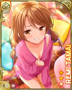 1girl bare_legs barefoot bedroom bottomless breasts brown_eyes brown_hair card_(medium) cleavage closed_mouth clothes_tug day girlfriend_(kari) grin indoors looking_at_viewer low_twintails official_art pink_sweater qp:flapper smile solo standing sweater sweater_tug tagme tamai_remi teeth tugging twintails