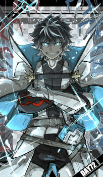 1boy armor belt black_gloves black_hair black_pants blue_eyes capelet charlemagne_(fate) cowboy_shot crossed_arms fate/grand_order fate_(series) floating floating_object floating_sword floating_weapon gauntlets gloves glowing glowing_eyes gunbuster_pose hair_between_eyes highres joyeuse_ordre_(fate) kankan33333 looking_at_viewer multicolored_hair pants sheath sheathed single_gauntlet smirk solo sparkle sword traum_(fate/grand_order) v-shaped_eyebrows weapon white_hair