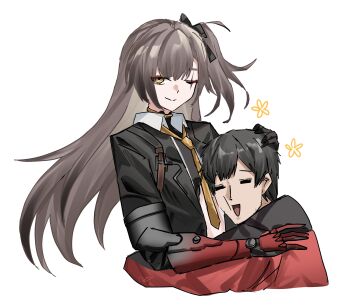 1boy 1girl :d absurdres black_hair black_jacket bow closed_eyes collared_shirt commander_(girls&#039;_frontline) commentary dress_shirt english_commentary girls&#039;_frontline girls&#039;_frontline_2:_exilium grey_hair hair_bow headpat highres hug jacket leva_(girls&#039;_frontline_2) long_hair mechanical_arms necktie one_eye_closed one_side_up open_clothes open_jacket open_mouth open_shirt red_jacket scar scar_across_eye scar_on_face shirt short_hair sidelocks simple_background single_mechanical_arm smile suit_jacket ump45_(girls&#039;_frontline) upper_body white_background yazu_(zoddiacz) yellow_eyes yellow_necktie