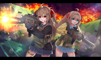 2girls ahoge black_cardigan black_gloves black_sailor_collar blue_eyes blue_sailor_collar blue_skirt broken_heart broken_heart_hair_ornament brown_hair bulletproof_vest cardigan closed_mouth commentary cowboy_shot dutch_angle english_commentary evil_neuro-sama from_side gloves gun hair_ornament hair_ribbon headphones heart heart_hair_ornament highres holding holding_weapon long_hair long_sleeves multiple_girls neuro-sama open_mouth outdoors pleated_skirt red_eyes red_ribbon ribbon sailor_collar samsam_s2s siblings sisters skirt turtle twins two_side_up vedal987 vedal_ai virtual_youtuber weapon yellow_cardigan