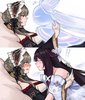 Rule 34 | !, !!, 2girls, absurdres, bare shoulders, black collar, black hair, black sleeves, blue eyes, blush, breasts, brown hair, closed eyes, closed mouth, collar, columbina (genshin impact), detached collar, detached sleeves, dress, eye mask, eyes on wings, gem, genshin impact, gloves, hair ornament, hashtag-only commentary, head wings, headdress, heart, highres, kuuhenki (genshin impact), long hair, long sleeves, luonnotar (genshin impact), lying, mask, multicolored hair, multiple girls, multiple wings, open mouth, purple hair, purple streaks, red gem, reyeomi, ribbon, sandrone (genshin impact), see-through clothes, see-through mask, short hair with long locks, smile, very long hair, white dress, white gloves, white headdress, white mask, white wings, wing hair ornament, wings, x-shaped eyewear, yuri