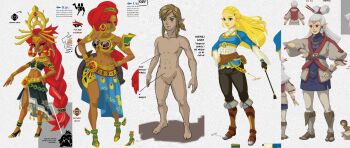 1boy 4girls abs absurdres ancestor_and_descendant aqua_eyes armlet armor arms_at_sides artbook bag barefoot belt_pouch bird black_gloves black_pants blonde_hair blue_eyes blue_lips blue_shirt boots braid breastplate brown_eyes brown_footwear bulge circlet closed_mouth clothed_female_nude_male concept_art crop_top crotch crown crown_braid dark_skin earrings english_text eyeshadow facial_mark feet fingerless_gloves forehead_mark forehead_tattoo full_body gerudo gloves gluteal_fold green_eyes grey_hair hair_ornament hair_stick hair_tubes hairclip hand_on_own_hip high_heels highres hoop_earrings jewelry knee_boots leather leather_boots leggings legs link lipstick long_hair long_sleeves low_cut makeup multiple_girls muscular muscular_female nail_polish navel neck_ring necklace nintendo no_nipples no_penis no_testicles nude official_art open_mouth pants paya_(zelda) peacock peacock_feathers pectorals pointy_ears pouch princess princess_zelda red_hair riding_crop riju sandals sheikah_slate shiny_skin shirt single_braid skirt sleeveless sleeveless_shirt smile standing stomach tattoo the_legend_of_zelda the_legend_of_zelda:_breath_of_the_wild thick_eyebrows thighs third-party_edit tiara tight_clothes tight_pants triforce turtleneck urbosa
