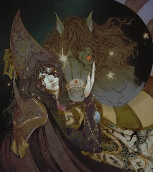 Rule 34 | 1boy, armor, astelofvoid, cape, commentary, d (vampire hunter d), english commentary, expressionless, fingernails, glowing, glowing eye, hair between eyes, hand on another's face, highres, horse, jewelry, long fingernails, long hair, pale skin, red eyes, shoulder armor, star (symbol), vampire hunter d