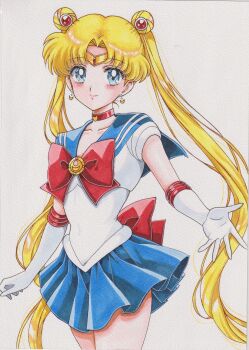 1girl absurdres bishoujo_senshi_sailor_moon blonde_hair blue_eyes blue_sailor_collar bow chikoto_(kztc4472) choker collarbone commentary double_bun earrings elbow_gloves gloves hair_bun hair_ornament highres jewelry long_hair looking_at_viewer outstretched_hand red_choker sailor_collar sailor_moon sailor_senshi_uniform simple_background skirt smile solo star_(symbol) star_earrings transformation_brooch_(sailor_moon) tsukino_usagi twintails white_background white_gloves