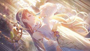 Rule 34 | 1girl, animal, arched window, architecture, diamond cutout, arm at side, armlet, asymmetrical sidelocks, backlighting, balcony, bare shoulders, bird, bird on hand, bloom festival (project sekai), blue bird, blue eyes, blue gemstone, breasts, brown hair, cathedral, church, closed mouth, clothing cutout, colorful palette, column, crescent, crescent earrings, detached sleeves, dress, dutch angle, earrings, feet out of frame, frilled sleeves, frills, gem, gold armlet, gold diadem, gold earrings, gold trim, greco-roman architecture, greco-roman clothes, green bird, hair behind ear, hair over shoulder, half-closed eyes, hand up, head tilt, headband, highres, indoors, jewelry, large breasts, layered dress, lens flare, light particles, long dress, long hair, long sleeves, long torso, looking at animal, mochizuki honami, official alternate costume, official alternate hair length, official alternate hairstyle, official art, pillar, profile, project sekai, puffy lips, puffy long sleeves, puffy sleeves, shadow, sidelocks, smile, solo, sparkle print, stained glass, stairs, standing, sunlight, swept bangs, thick eyelashes, third-party source, two-tone dress, very long hair, wavy hair, white dress, white headband, white sleeves, window, yellow bird, yellow dress