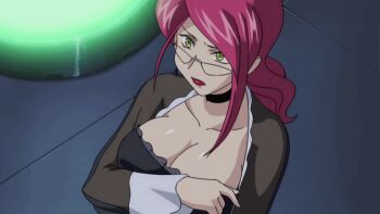 00s 1girl answering aoi_kiriko between_breasts black_dress bouncing bouncing_breasts breasts cellphone choker cleavage cleavage_reach collarbone dress earrings female_focus flip_phone frilled_dress frills glasses green_eyes holding holding_phone indoors jewelry jiggle large_breasts light lipstick long_hair long_sleeves makeup mature_female phone pink_hair ponytail reaching red_hair red_lips see-through_clothes sheer_dress shinkon_gattai_godannar!! sidelocks solo standing