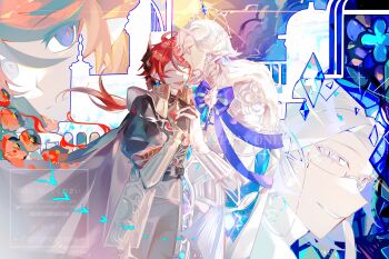 Rule 34 | 2boys, :d, ^ ^, absurdres, achabushicha, ahoge, alternate costume, aotsuki eito, armor, black cape, black streaks, blue eyes, blue ribbon, cape, chinese commentary, closed eyes, commentary, commission, crescent, cross, earrings, eyewear strap, flower, glasses, grin, headpiece, highres, holding hands, horns, interlocked fingers, jewelry, kiss, kissing forehead, looking at viewer, male focus, multicolored hair, multiple boys, multiple views, open mouth, pauldrons, pointy ears, purple eyes, red flower, red hair, red pupils, ribbon, short hair, shoulder armor, smile, streaked hair, sumino takumi, the hundred line -last defense academy-, two-tone hair, vambraces, watermark, yaoi