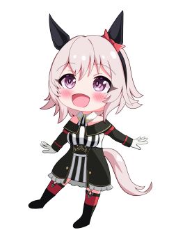 1girl absurdres animal_ears bare_shoulders black_boots blush boots bow breasts chibi chibi_only coat curren_chan_(fille_eclair)_(umamusume) curren_chan_(umamusume) dress ear_bow ear_covers full_body garter_straps gloves grey_hair hair_between_eyes highres horse_ears horse_girl horse_tail long_sleeves looking_at_viewer off-shoulder_coat off-shoulder_dress off-shoulder_jacket off_shoulder oldworld_order open_mouth purple_eyes red_bow red_thighhighs short_hair simple_background smile solo striped_clothes striped_dress tail thighhighs umamusume vertical-striped_clothes vertical-striped_dress white_background white_gloves