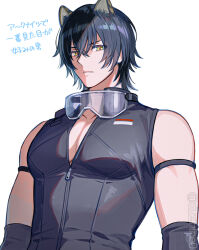 Rule 34 | 1boy, animal ears, arknights, black hair, black vest, broca (arknights), cat ears, closed mouth, goggles, goggles around neck, hair between eyes, looking at viewer, male focus, meiji (meiji770), partially unzipped, pectoral cleavage, pectorals, short hair, simple background, solo, translation request, twitter username, upper body, vest, white background, yellow eyes, zipper