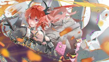 Rule 34 | 1girl, absurdres, ailiailiai 7th, arknights, arknights: endfield, bag, bare shoulders, black dress, black gloves, black horns, black ribbon, blurry, blurry edges, blurry foreground, breasts, burnt clothes, chromatic aberration, collar, colored petticoat, commentary request, debris, demon girl, demon horns, detached collar, detached sleeves, dress, dust, embers, fire, forgeborn scathe (arknights), gloves, hair between eyes, hair intakes, highres, holding, holding sword, holding weapon, horns, incoming attack, laevatain (arknights), light particles, long hair, looking at viewer, motion blur, petticoat, purple eyes, red hair, ribbon, sideless dress, slit pupils, solo, sparks, spiked collar, spikes, strap, surtr (arknights), sword, upper body, weapon, white background