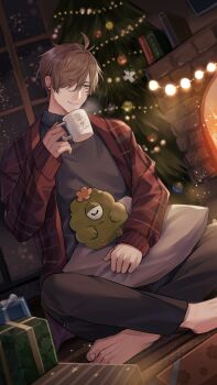 1boy antenna_hair barefoot black_pants book box brown_hair christmas christmas_ornaments christmas_tree closed_mouth coat coffee_mug commentary_request cup feet fire fireplace gift gift_box green_eyes grey_sweater hair_between_eyes hair_over_one_eye hand_up highres holding holding_cup indoors long_sleeves looking_at_viewer male_focus mole mole_under_eye mug natsuki_(naki_zemisei) night nijisanji oliver_evans one_eye_covered open_clothes open_coat pants parted_bangs pillow plaid_clothes plaid_coat red_coat short_hair sitting sleeves_past_wrists smile solo steam string_of_light_bulbs sweater swept_bangs toes turtleneck turtleneck_sweater virtual_youtuber window