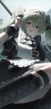 Rule 34 | 1girl, absurdres, apron, arm up, black boots, black dress, blurry, blurry foreground, blush, boots, commentary request, corin wickes, dress, green hair, hair between eyes, hair intakes, hana hebi, highres, holding, holding weapon, leg up, long hair, looking at viewer, maid, maid apron, maid headdress, metal wrist cuffs, open mouth, purple eyes, screw hair ornament, solo, twintails, weapon, white apron, zenless zone zero