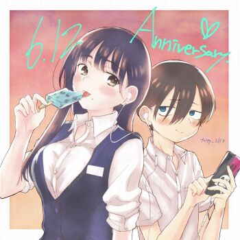 1boy 1girl artist_name black_hair blue_eyes blue_sweater_vest blush boku_no_kokoro_no_yabai_yatsu border brown_eyes cellphone collared_shirt commentary_request dated earphones english_text food hair_between_eyes highres holding holding_food holding_phone holding_popsicle ichikawa_kyoutarou licking long_hair outside_border phone popsicle ringed_eyes shared_earphones shirt short_hair sleeves_rolled_up smartphone sweater_vest toisy_2160 tongue tongue_out upper_body white_border white_shirt yamada_anna