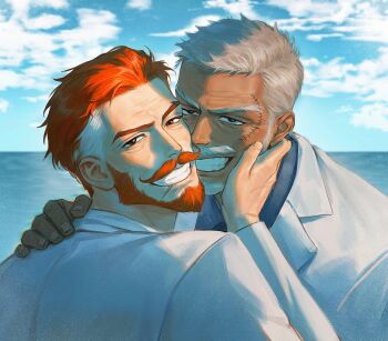 2boys alaric_(peedeeseel) dark-skinned_male dark_skin day facial_hair goatee grey_hair grin hand_on_another&#039;s_cheek hand_on_another&#039;s_face highres jacket looking_at_viewer male_focus mature_male monkey_d._garp multicolored_hair multiple_boys mustache old old_man one_piece orange_hair original portrait second-party_source short_hair smile streaked_hair thick_eyebrows upper_body white_hair wrinkled_skin xx_xx_art yaoi
