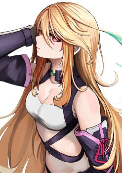 Rule 34 | 1girl, absurdres, aqua hair, black sleeves, blonde hair, breasts, cleavage, closed mouth, commentary, detached sleeves, eyelashes, hair between eyes, highres, kb-5, long hair, looking at viewer, medium breasts, milla maxwell, multicolored hair, navel, red eyes, simple background, solo, standing, streaked hair, tales of (series), tales of xillia, two-tone hair, very long hair, yellow background