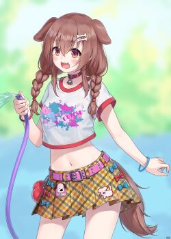 1girl :d absurdres animal_collar animal_ears arm_at_side belt bone_hair_ornament braid braided_twintails brown_eyes brown_hair brown_tail character_pin clothing_cutout collar commentary_request contrapposto cowboy_shot dog_ears dog_girl dog_tail double-parted_bangs extra_ears fangs futo-inu hair_between_eyes hair_ornament hairclip highres holding holding_hose hololive hose hoso-inu inugami_korone inugami_korone_(holonatsu_paradise) legs_apart long_hair looking_at_viewer low_twin_braids low_twintails midriff miniskirt navel official_alternate_costume open_mouth parallel_hairclips paw_pendant pink_belt plaid_clothes plaid_skirt pleated_skirt print_shirt red_collar shirt shirt_overhang skirt smile solo studded_belt t-shirt tail tail_through_clothes traveler_(artbbt) twin_braids twintails virtual_youtuber white_shirt wristband yellow_skirt